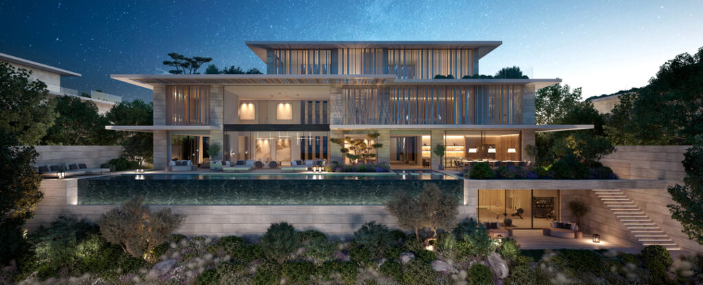 Grand entrance of a minimalist luxury mansion featuring natural stone and bespoke lighting by ARK Architects.