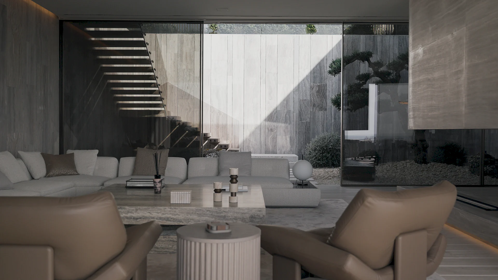 Minimalist living room at Villa ENSO with views of the inner courtyard garden