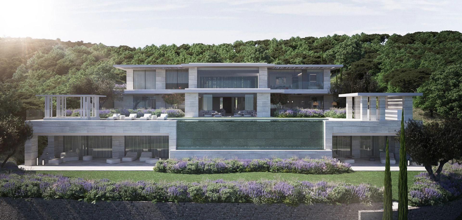 Minimalist luxury villa facade featuring clean geometric lines, integrated landscaping, and premium materials in the exclusive enclave of La Reserva.