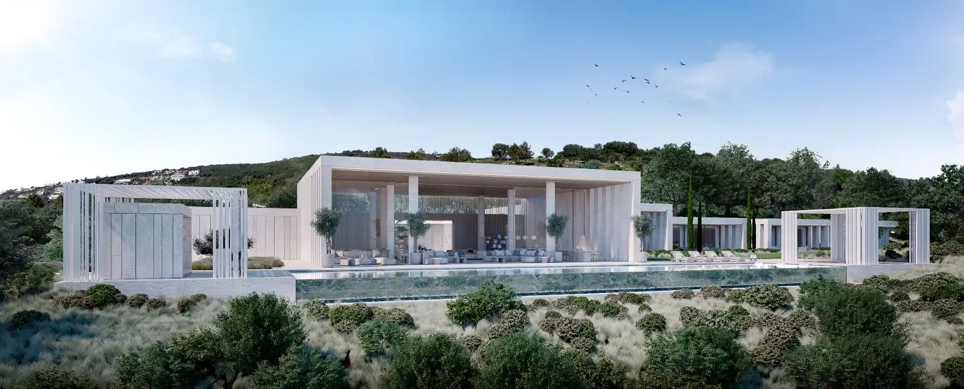 Luxury terrace with infinity pool overlooking the Mediterranean landscape in La Reserva