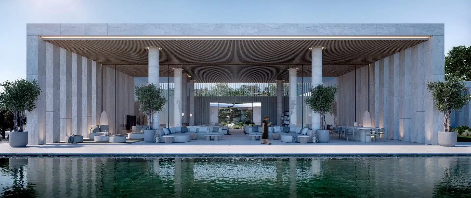 Sophisticated interior courtyard with water features and premium sustainable materials