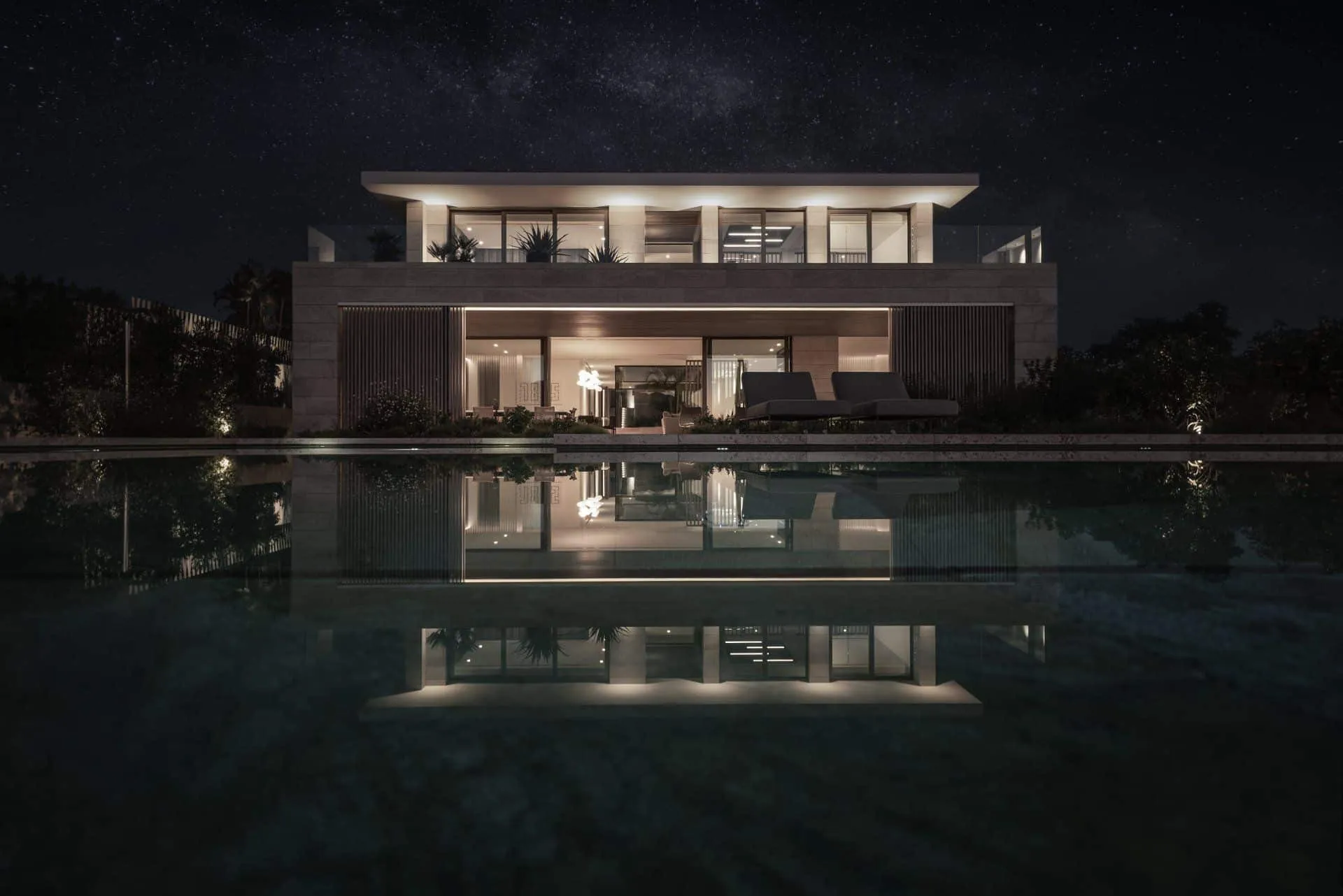 Stunning architectural volumetry of Villa Le Meridienne at sunset, designed by ARK Architects in Marbella.