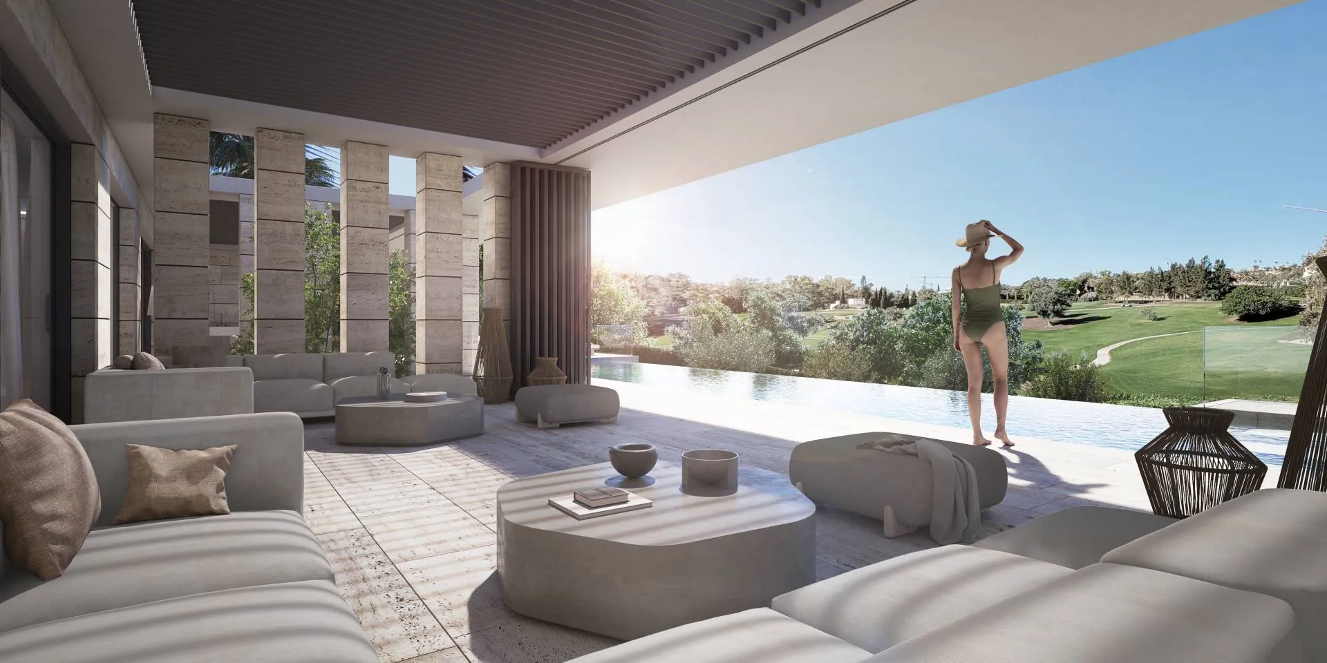 Master suite terrace overlooking the Mediterranean coast with minimalist glass railings.