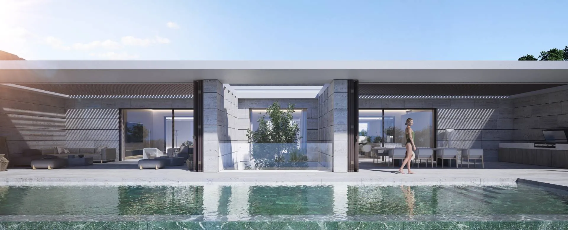 Contemporary exterior architecture with a large swimming pool and Mediterranean landscaping in a luxury estate.