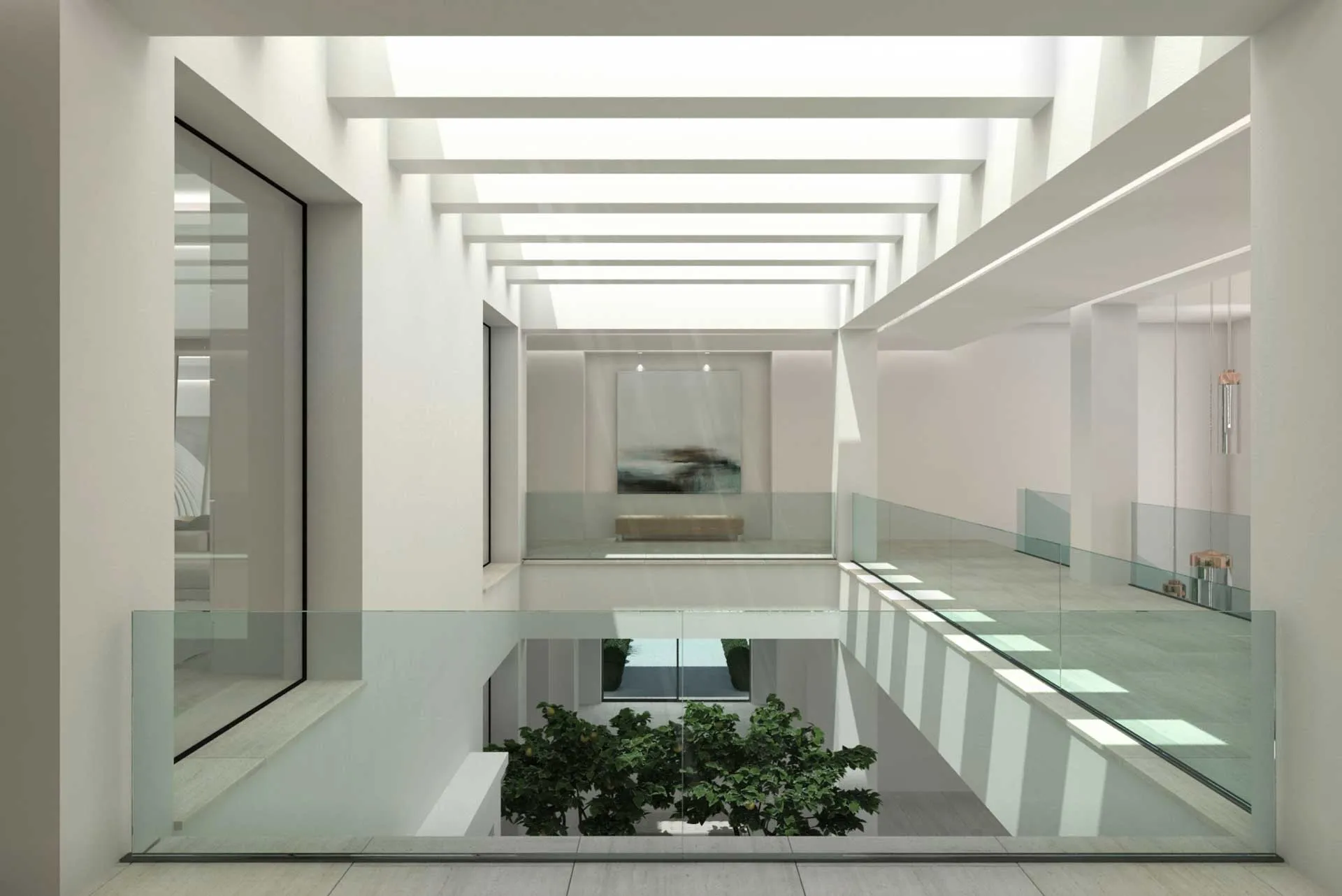 Modern architectural interior featuring a double-height atrium with white concrete beams, glass railings, and an indoor garden.