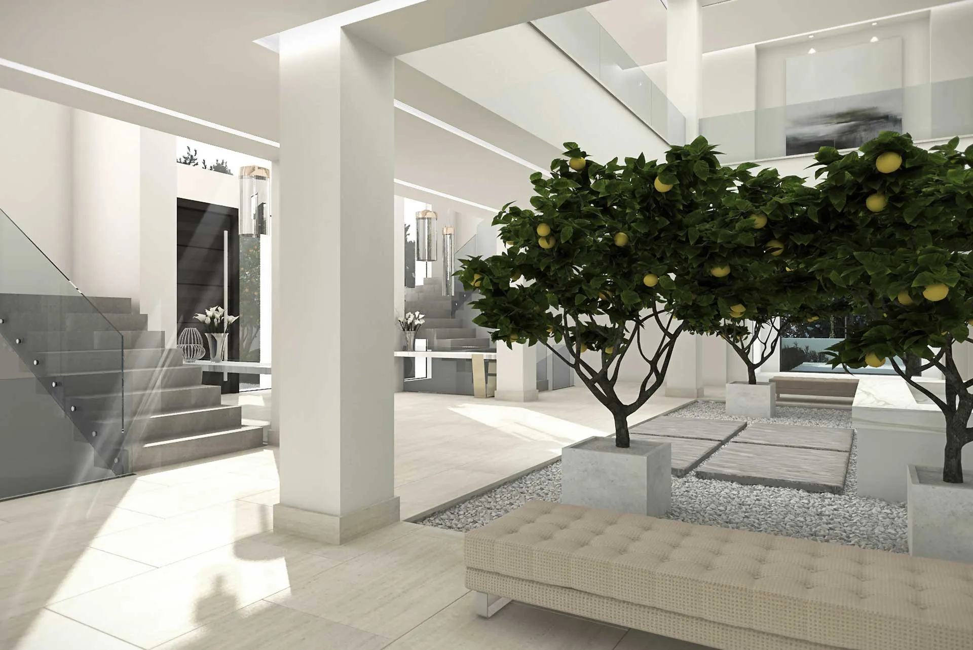 Sophisticated open-plan living area by Manuel Ruiz Moriche connecting indoor spaces with a private courtyard.
