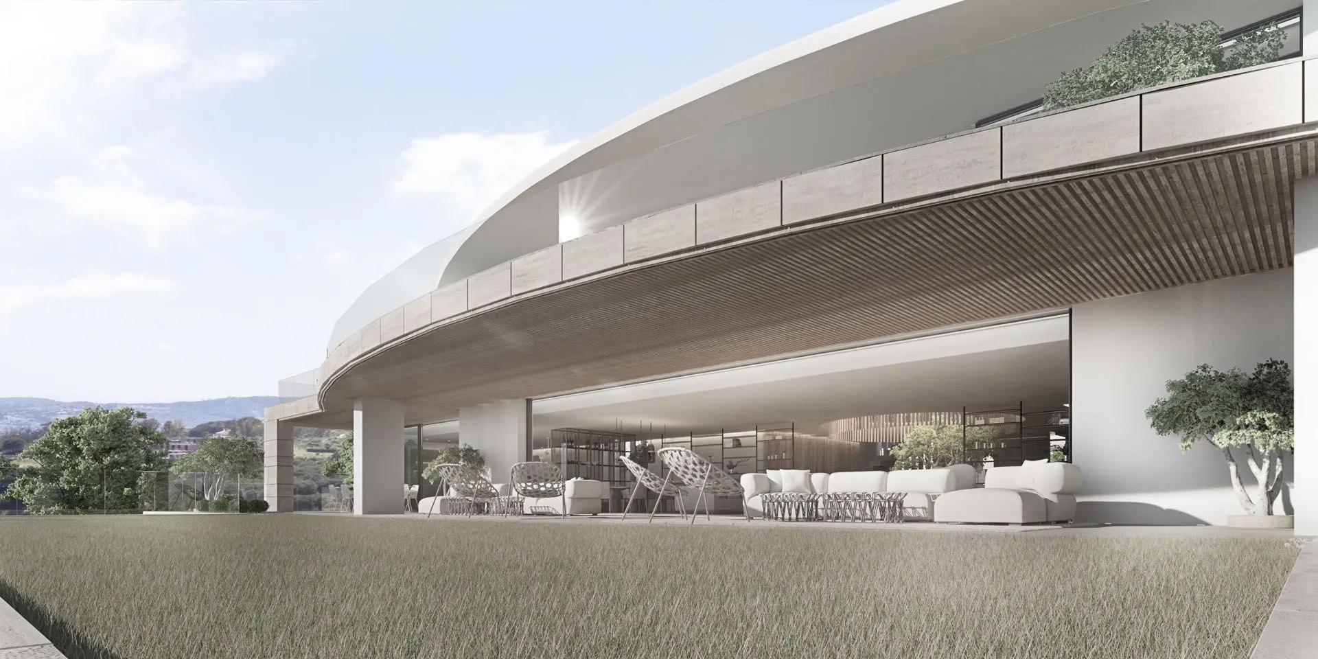Exterior perspective of Villa Bliss by ARK Architects showing the signature cantilevered structures.