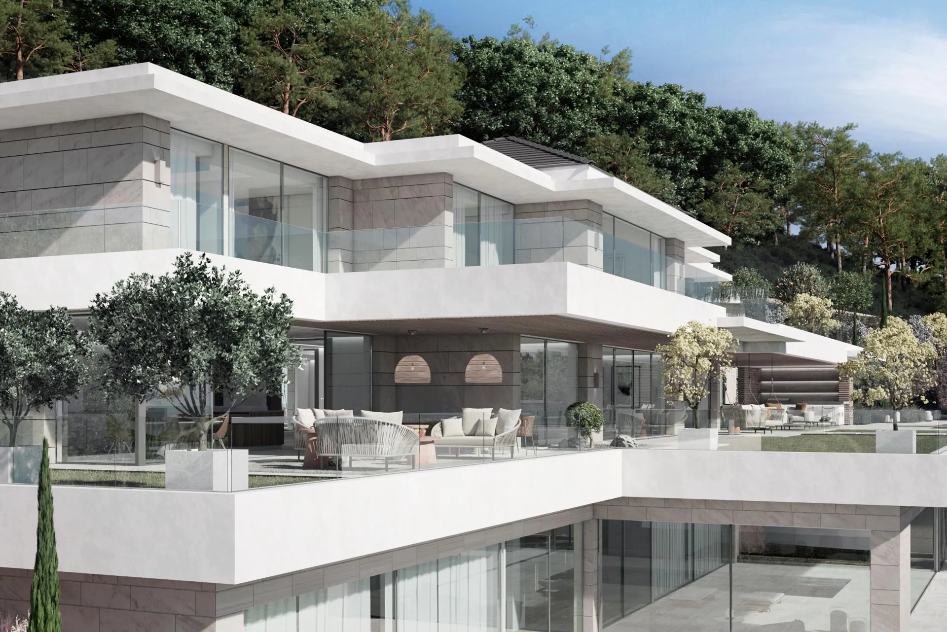 White contemporary villa with cantilevered structures and floor-to-ceiling windows.