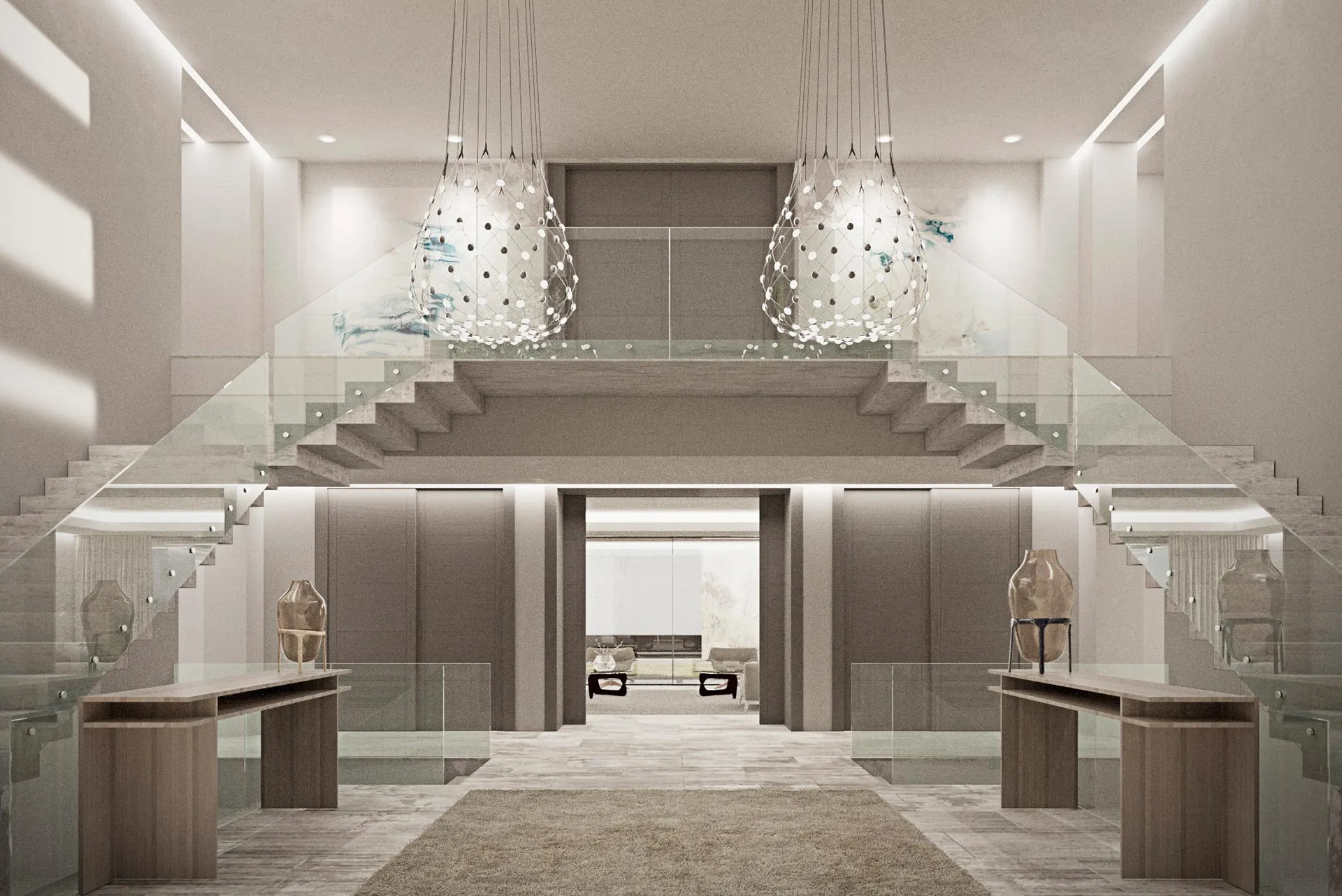 Majestic foyer featuring a symmetrical double staircase, glass railings, and avant-garde pendant lighting.