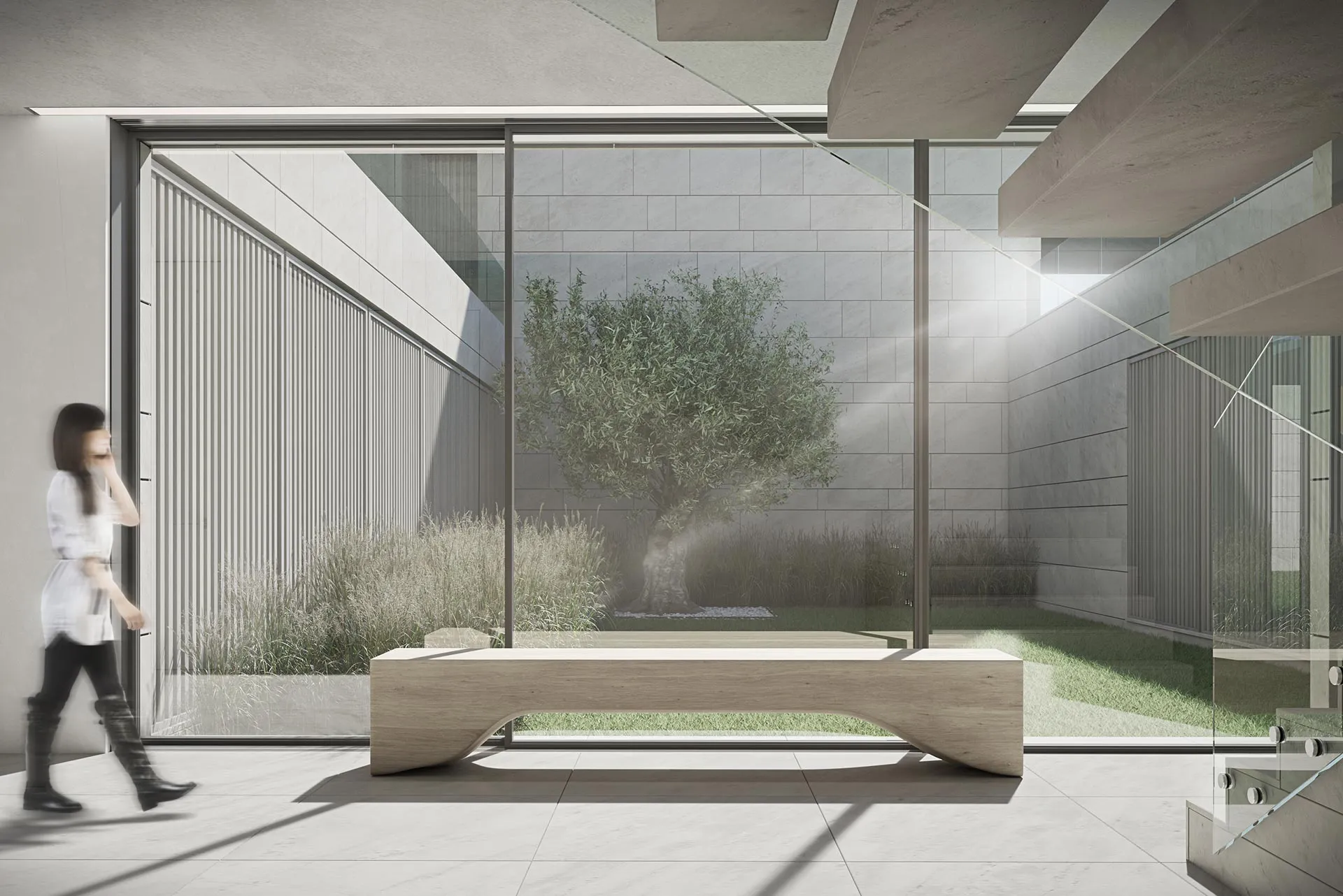 Contemporary hall featuring a bespoke wooden bench and large glass walls overlooking a private Zen courtyard with an olive tree.