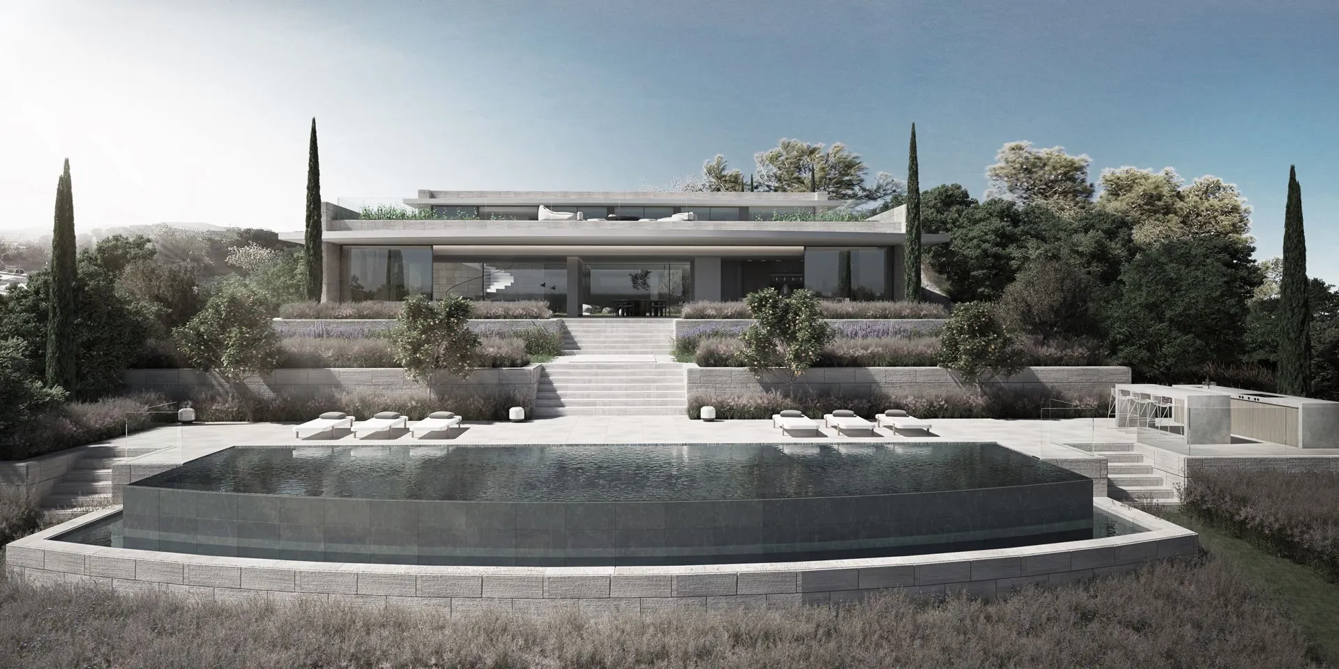 Dramatic entrance with geometric lines and natural stone elements in a bespoke residence.