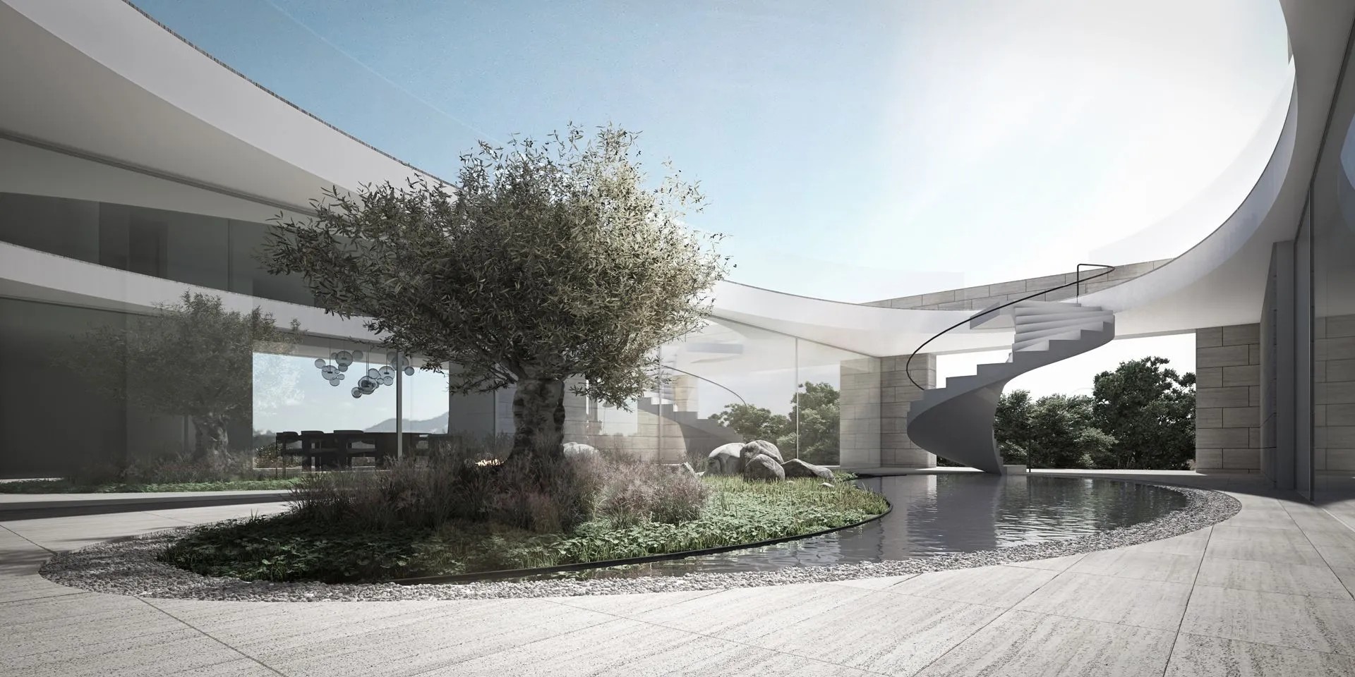 Modern architectural facade of Villa Elypse framed by sustainable Mediterranean landscaping.