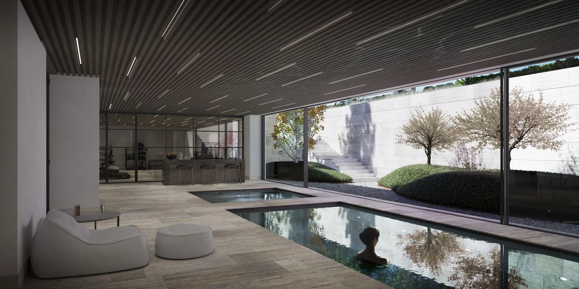 Bespoke residential pool area by ARK Architects featuring seamless marble flooring and panoramic views.