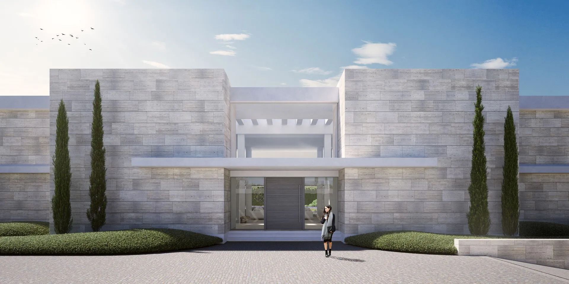 Symmetrical modernist facade of Villa Fontana with clean lines and integrated landscaping.