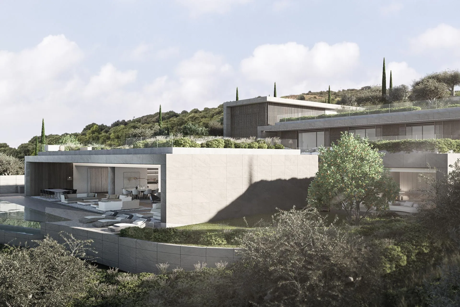 Minimalist exterior facade with integrated Mediterranean landscaping and sustainable materials.