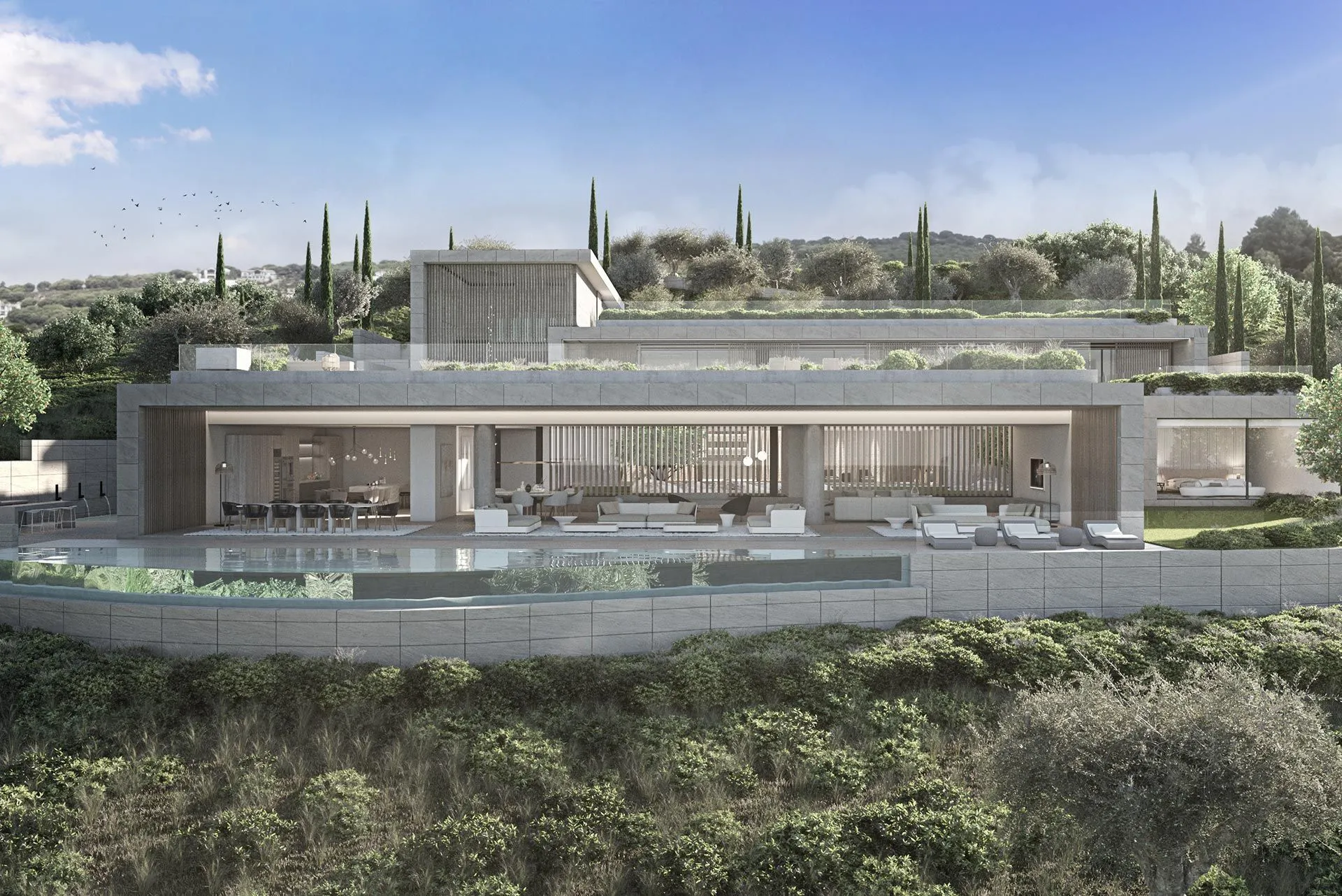 Elevated view of a luxury residential masterpiece by ARK Architects, blending contemporary lines with the horizon.