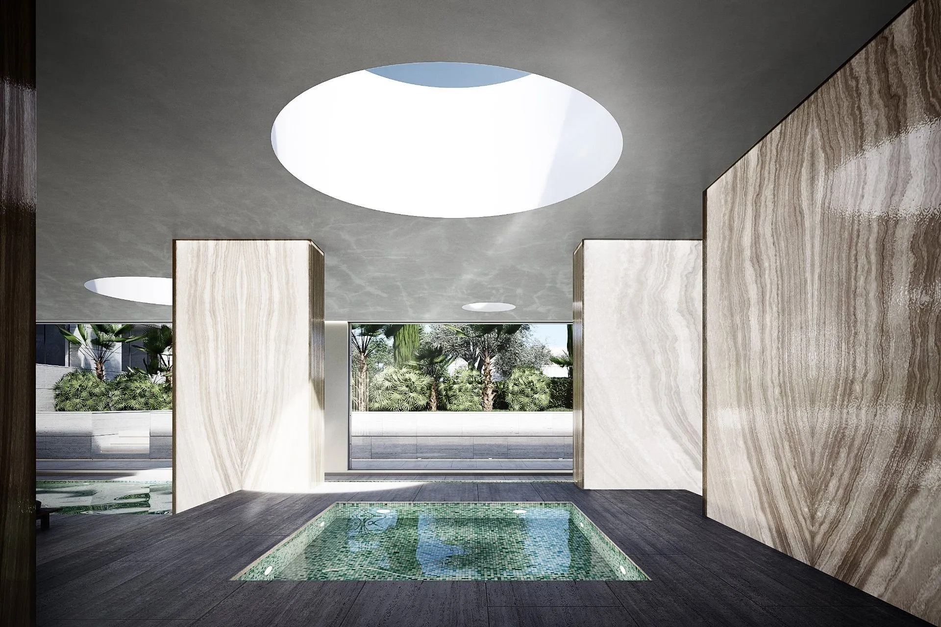 Minimalist indoor pool area with a circular skylight and natural stone finishes for ultimate relaxation.