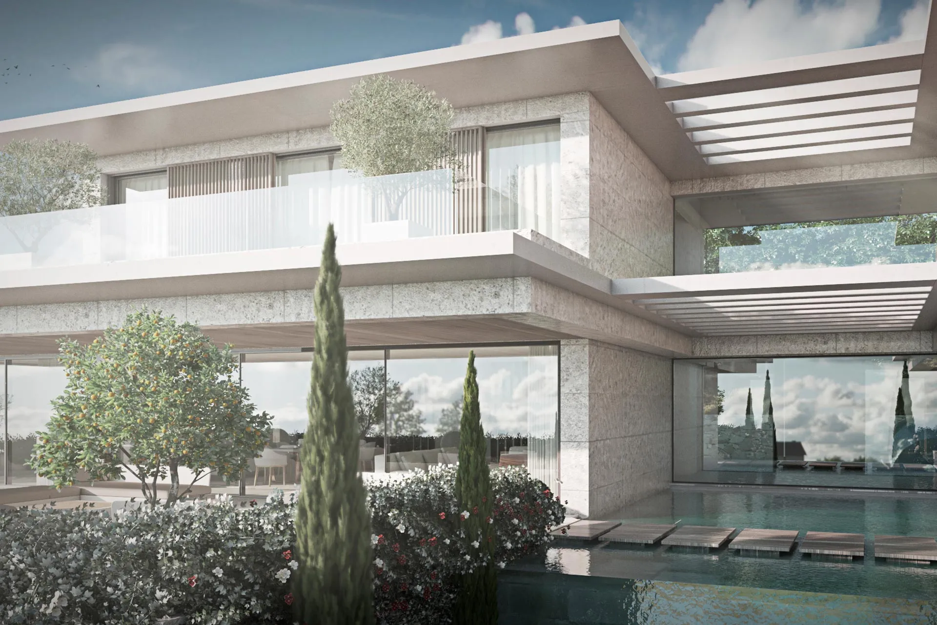 Close-up of high-end architectural finishes and outdoor living spaces with seamless indoor-outdoor flow.