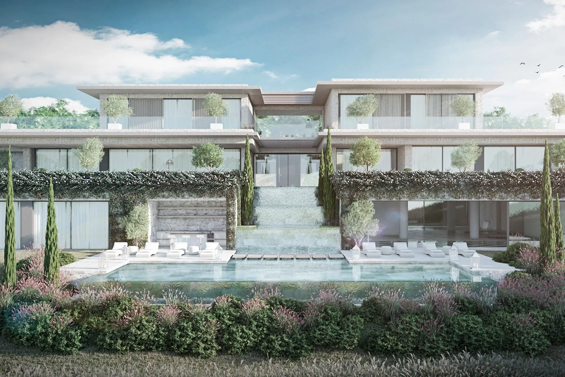 Front view of Villa Lavanda by Manuel Ruiz Moriche featuring bold geometric lines and expansive glass walls.