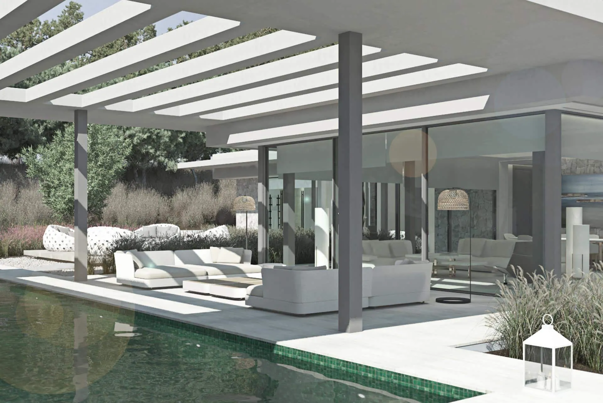 Contemporary outdoor seating area under a white architectural pergola with views of the swimming pool.