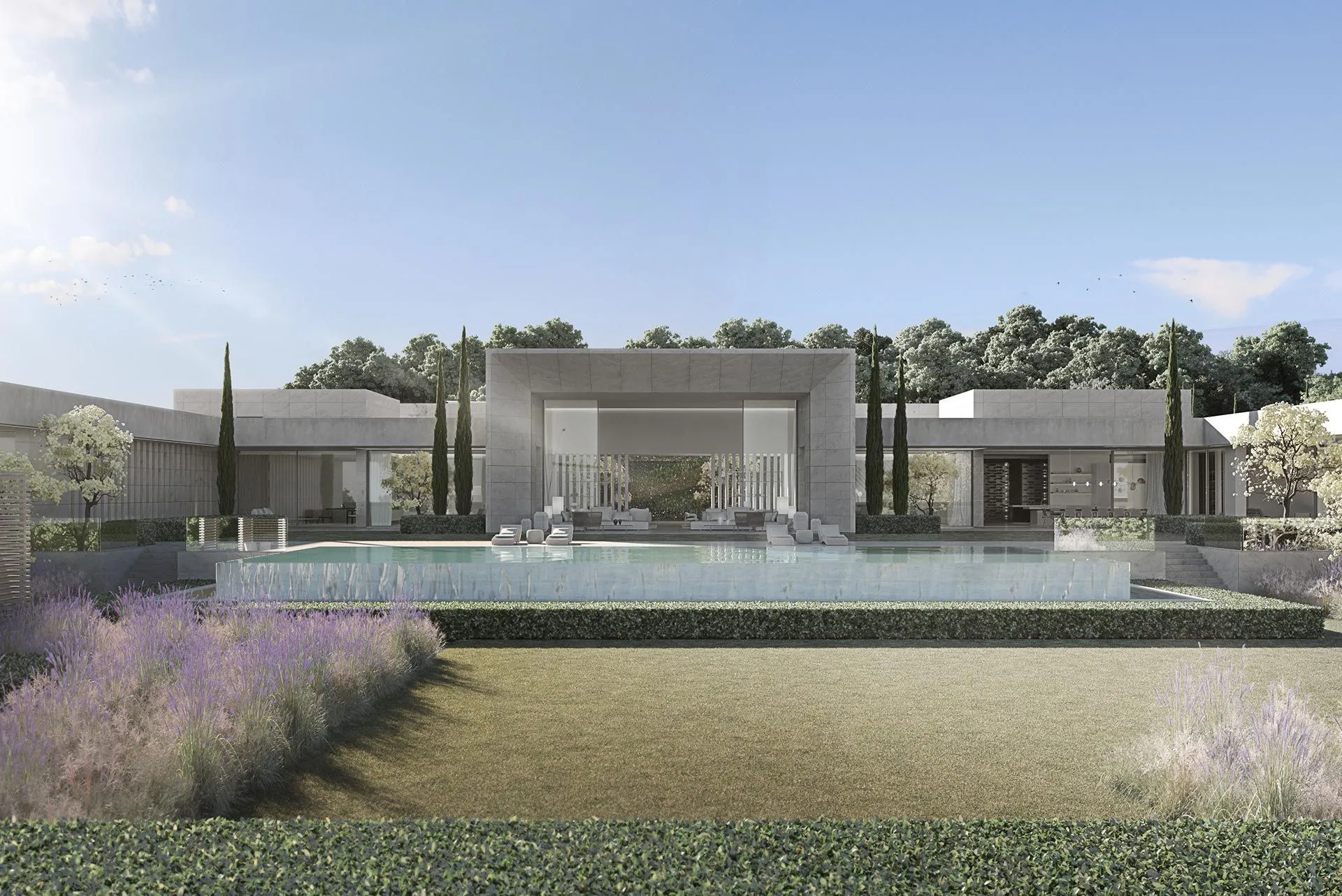 Perspective view of the infinity pool reflecting the contemporary facade of this ARK Architects project.
