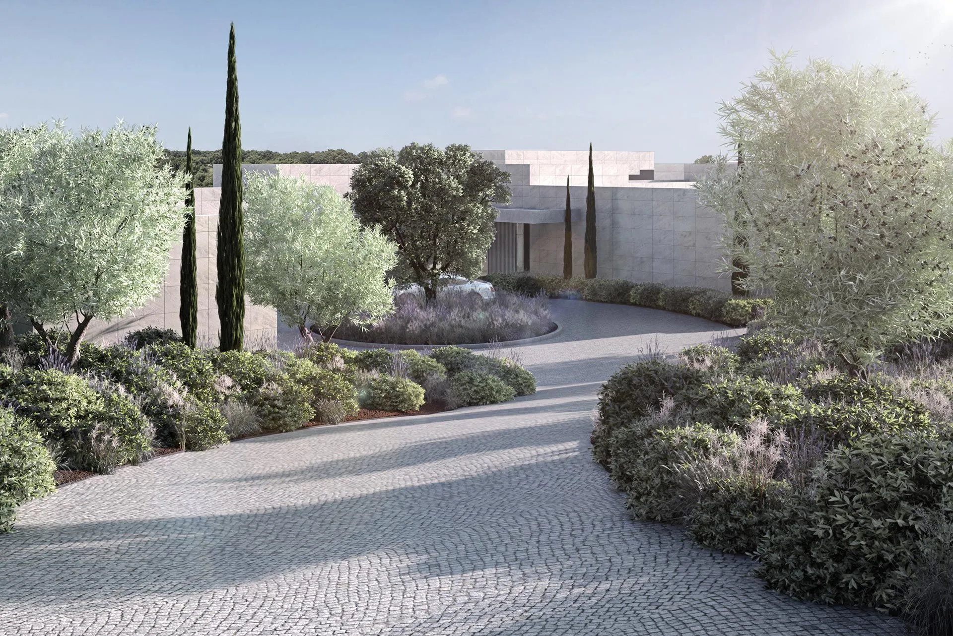 Main entrance of Villa Origin by Manuel Ruiz Moriche, featuring clean lines and sustainable limestone.