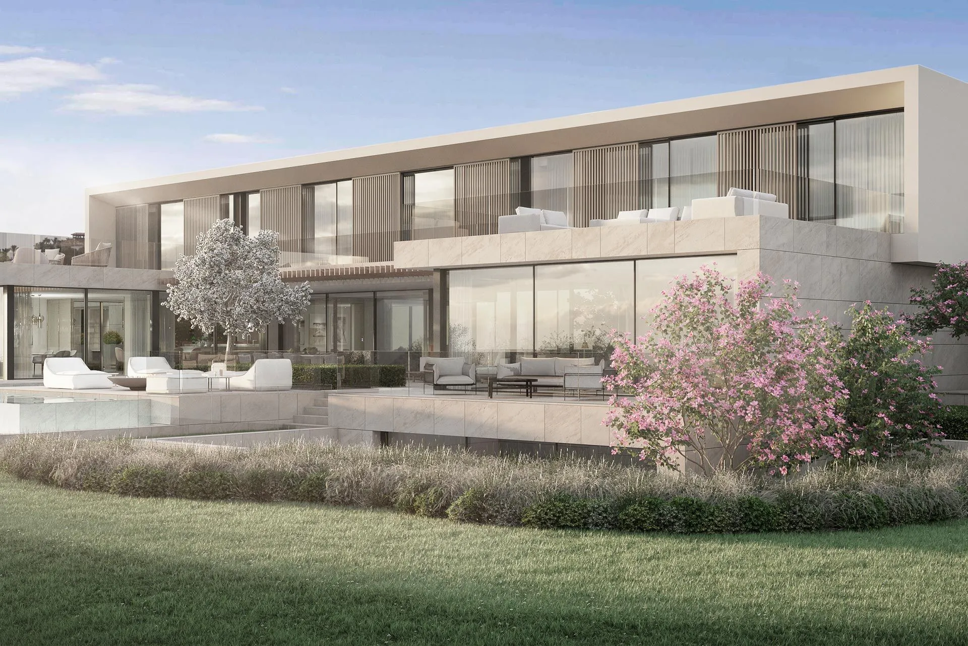 Contemporary luxury residence featuring limestone cladding, wooden pergolas, and integrated landscaping.