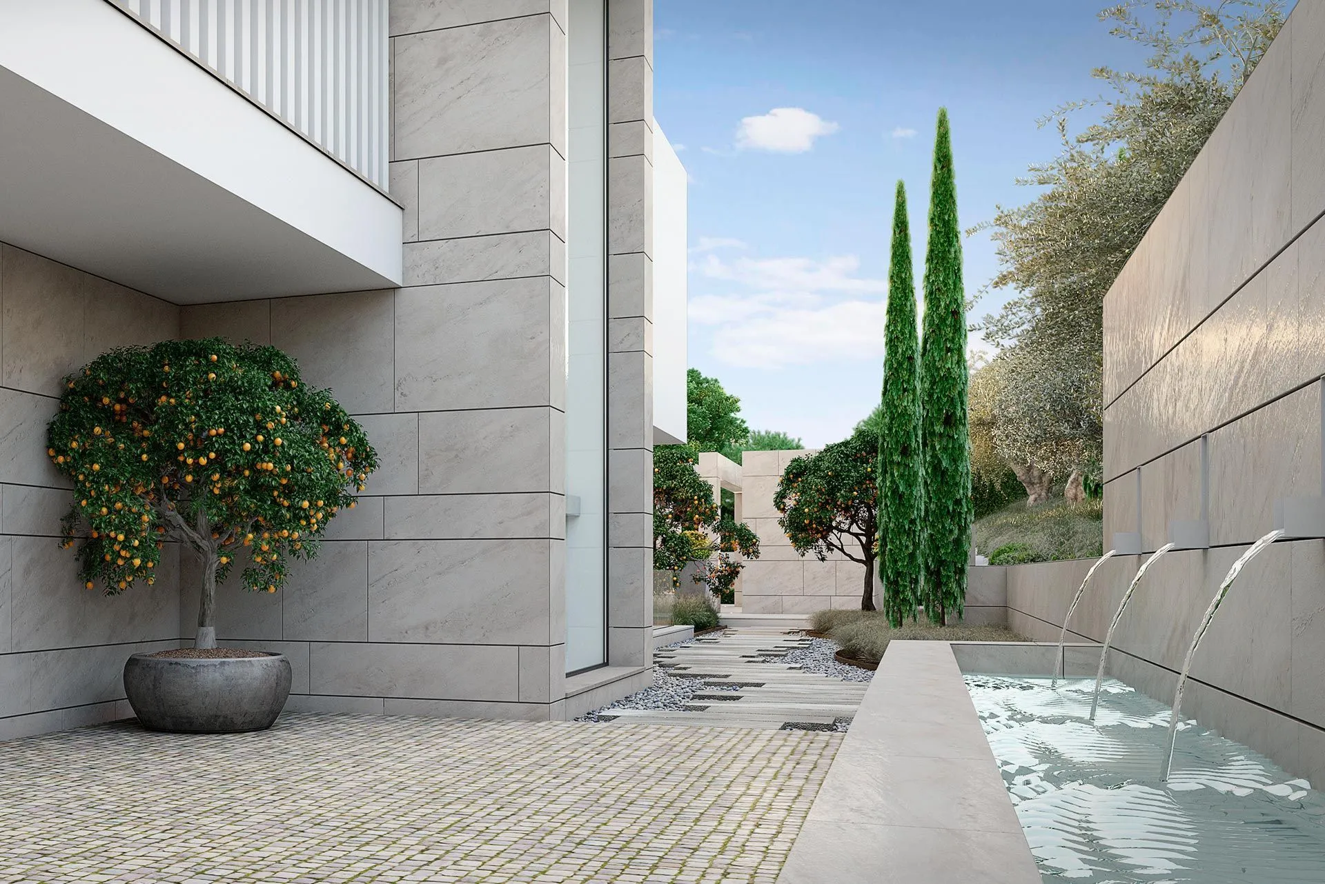 ARK Architects signature entrance design with natural stone and Mediterranean vegetation.