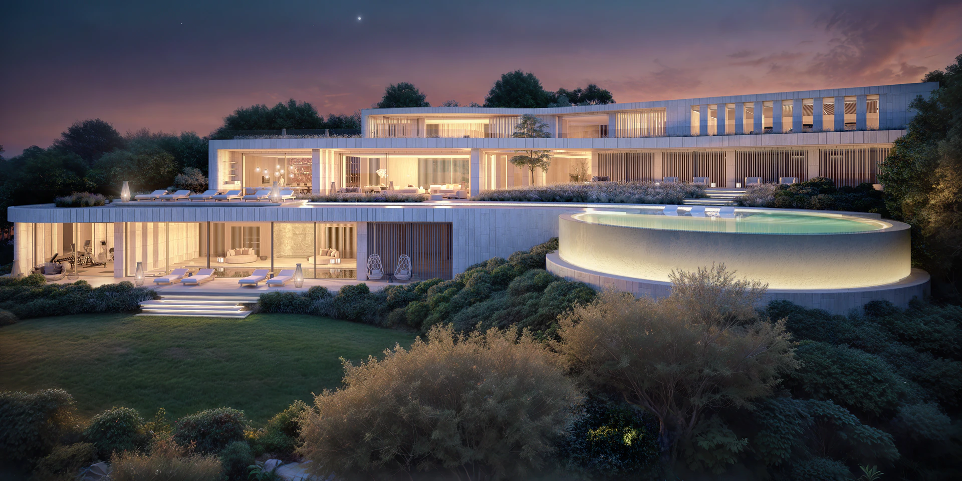 Modern luxury villa SENSE by ARK Architects at night in Sotogrande, showcasing innovative architecture enhanced by artificial intelligence tools for creative design.