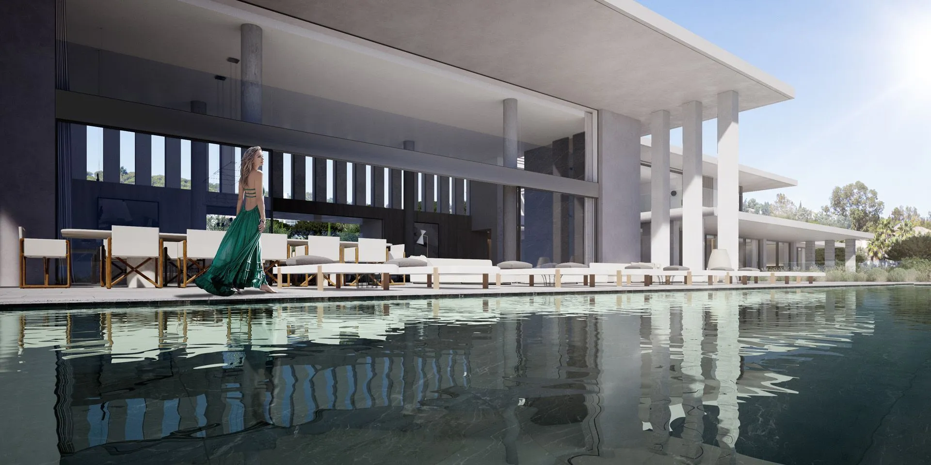 Masterful infinity pool design and architectural symmetry at Villa Temple, a signature project by Manuel Ruiz Moriche.