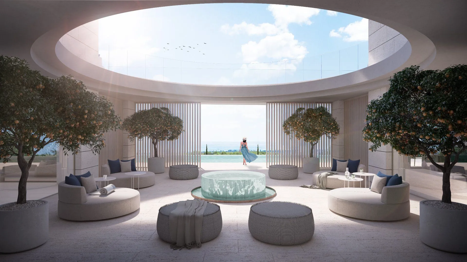 Exclusive indoor lounge designed by Manuel Ruiz Moriche featuring organic curves and premium natural stone.