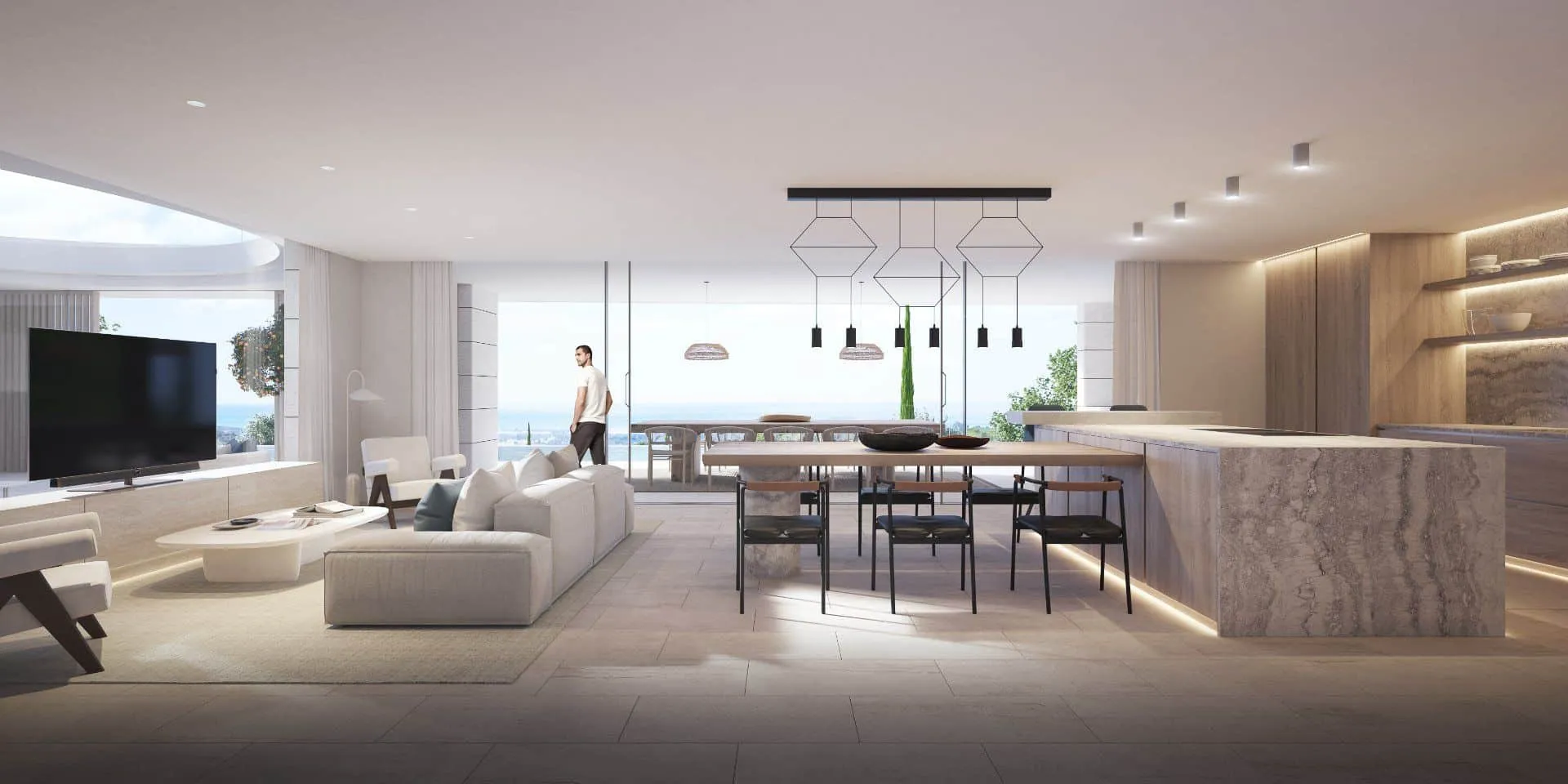 Open-plan luxury dining and living area with minimalist avant-garde furniture and floor-to-ceiling windows.