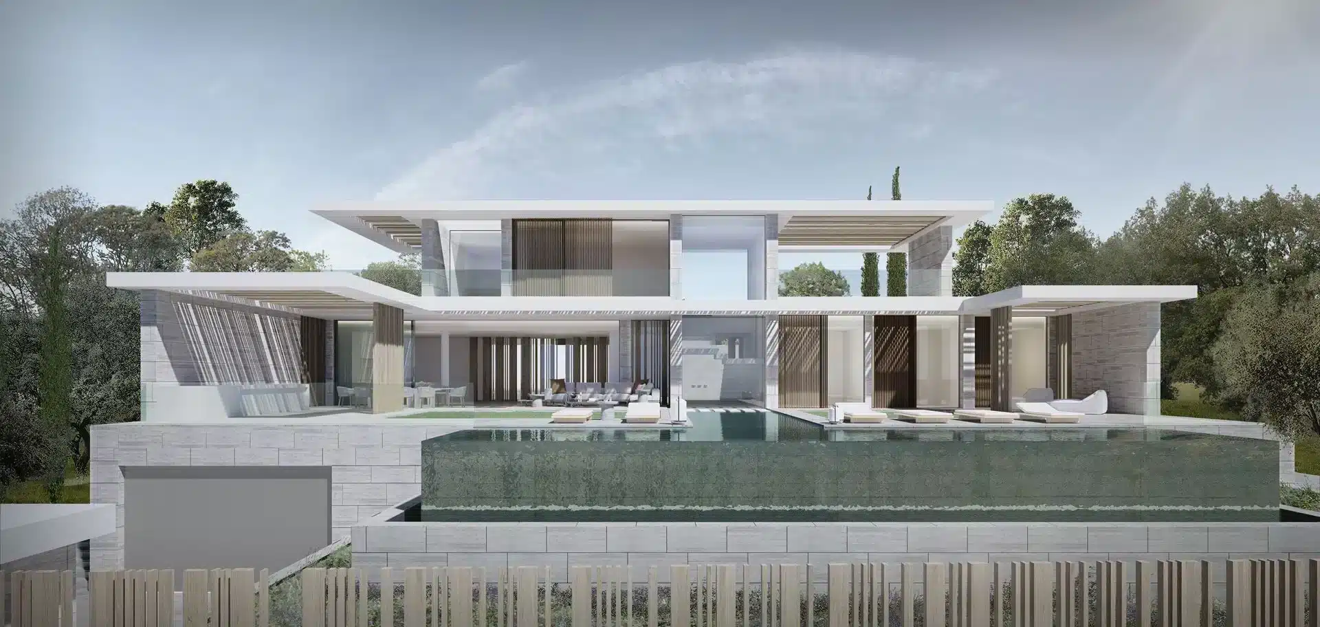 Masterful architectural integration of water and stone in Villa Aqua, designed by Manuel Ruiz Moriche.
