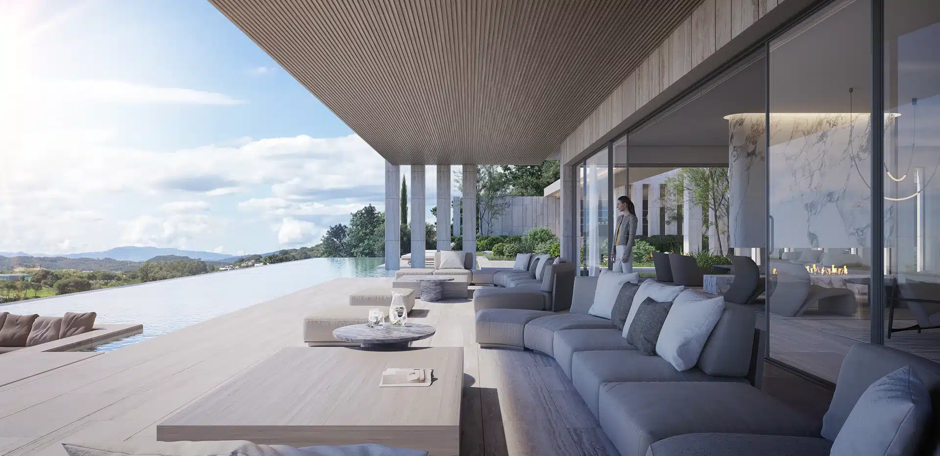 Elegant exterior living space with integrated seating and seamless transition to the landscape.