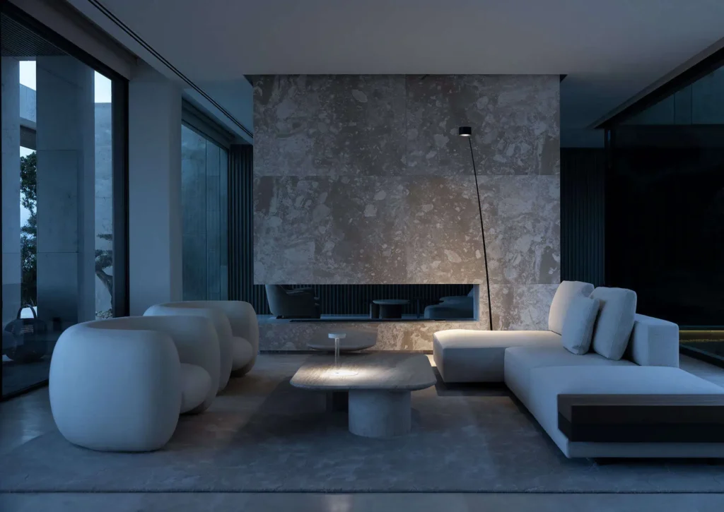 High-end living room lighting design in Villa Tai, a collaboration between ARK Architects and Davide Groppi, showcasing minimalist luxury in Sotogrande.