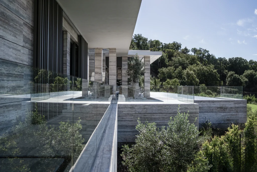 Outdoor terrace and Mediterranean gardens of a sustainable contemporary project on the Costa del Sol.