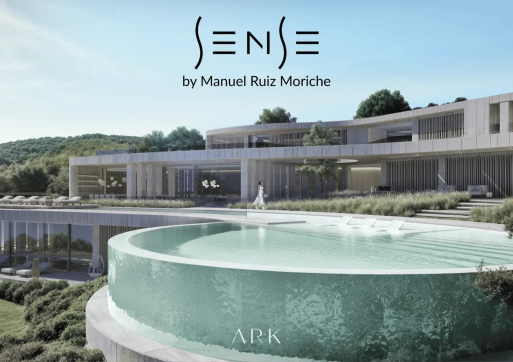 Contemporary architectural facade integrated with Mediterranean landscape and sustainable stone elements.