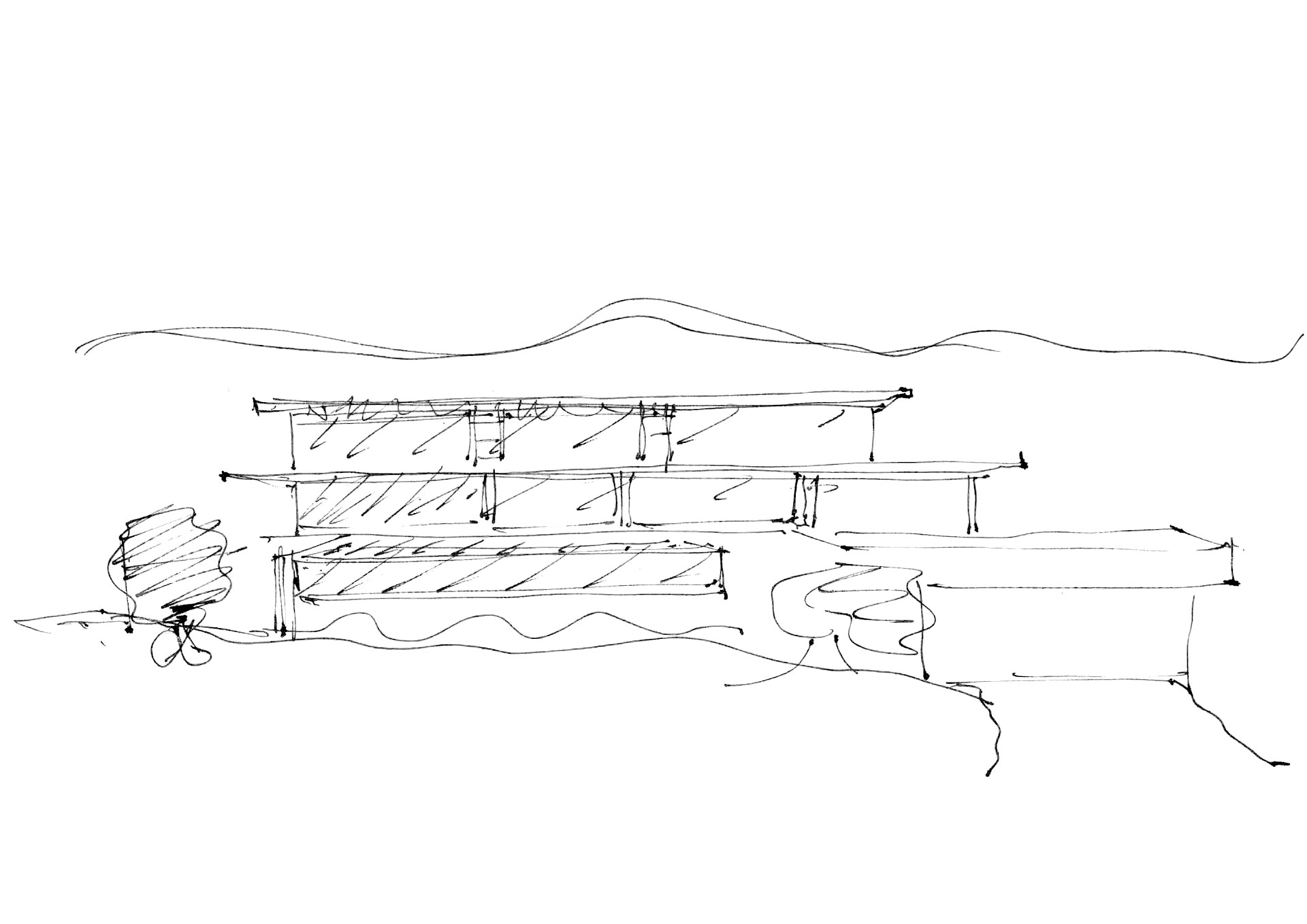 Hand-drawn architectural concept sketch of a luxury villa integrated into the Sotogrande hillside.