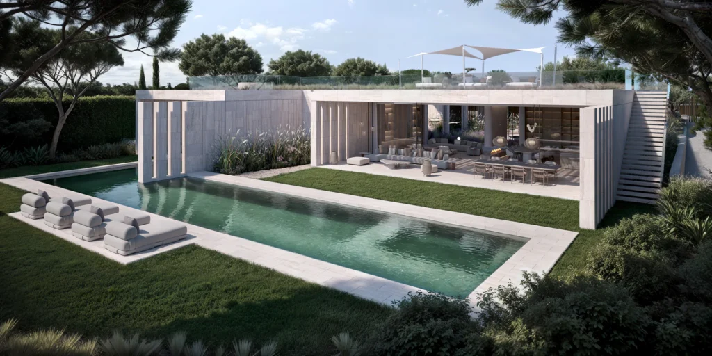 Modern infinity pool design with panoramic views of the surrounding natural landscape and greenery.