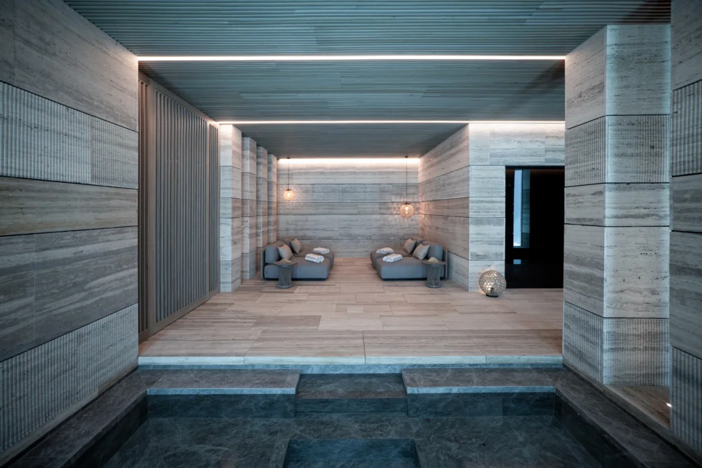 Minimalist infinity pool integrated into the natural stone terrace with panoramic views of the Sierra Blanca mountains.