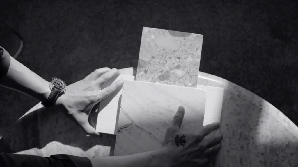 manuel ruiz moriche material curation with layered stone slabs in ark architecture studio setting