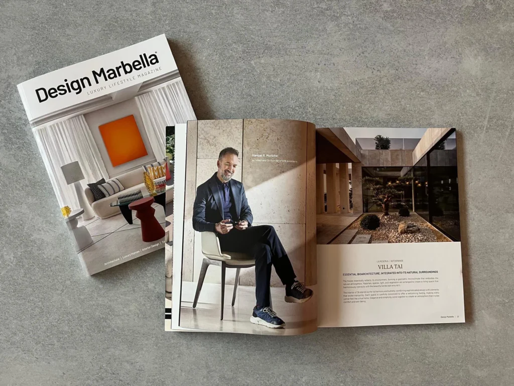 Interior design magazine spread showcasing a modern villa project in Sotogrande with high-end finishes and Mediterranean light.