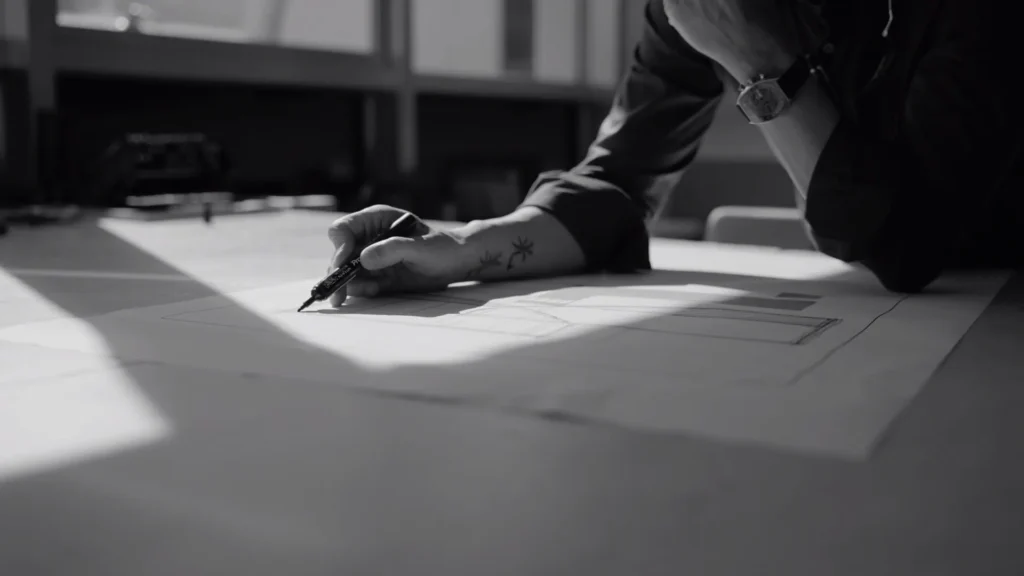 Close-up of a sustainable architectural floor plan being reviewed in the studio for a luxury residential project.