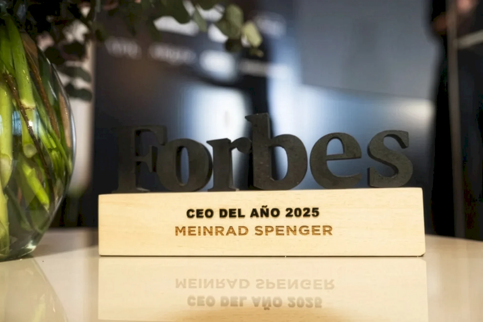 A close-up of the award at the Forbes 2025 Awards ceremony. Winner: Meinrad Spenger