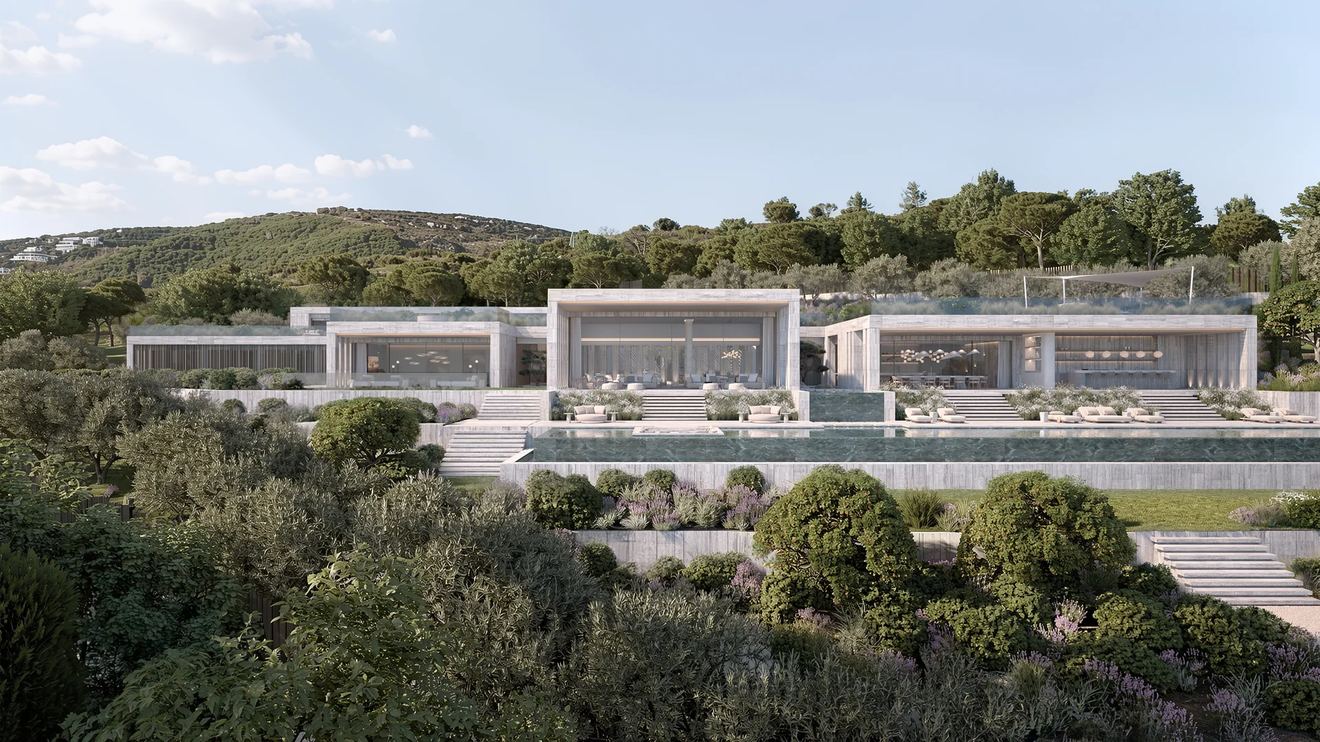 Luxurious modern villa surrounded by lush greenery and hills. The structure features large glass windows, tiered gardens, and a serene atmosphere.