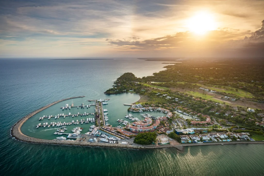 Aerial view of the Casa de Campo marina in the Dominican Republic at sunset, ARK Architects’ newest project.
